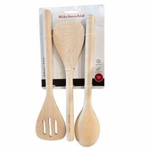New 3 Piece KitchenAid Maple Wooden Slotted Spoon Non Stick Tool Set